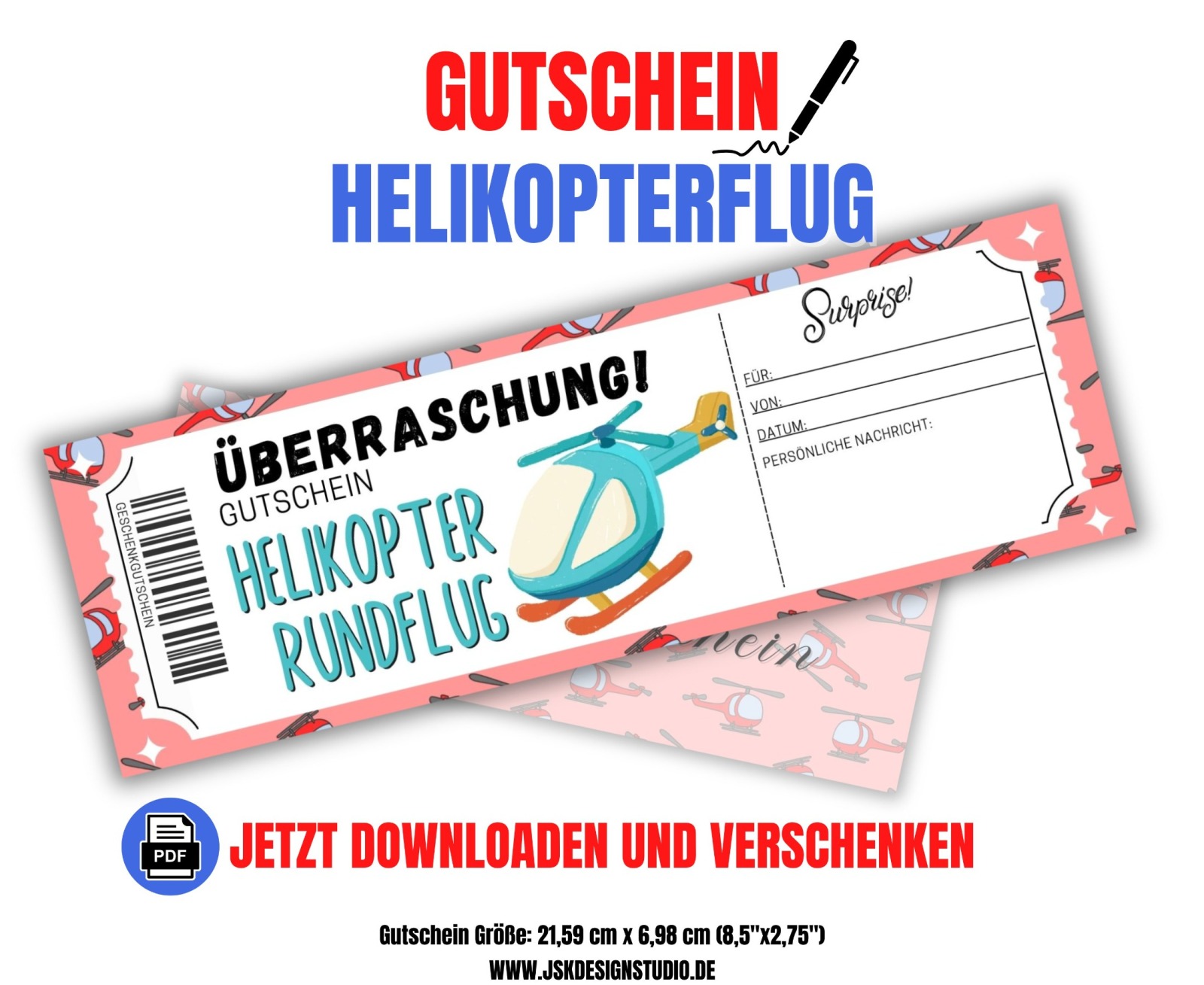 Gutschein für einen Helikopter Rundflug Vorlage zum Ausdrucken &amp; Verschenken