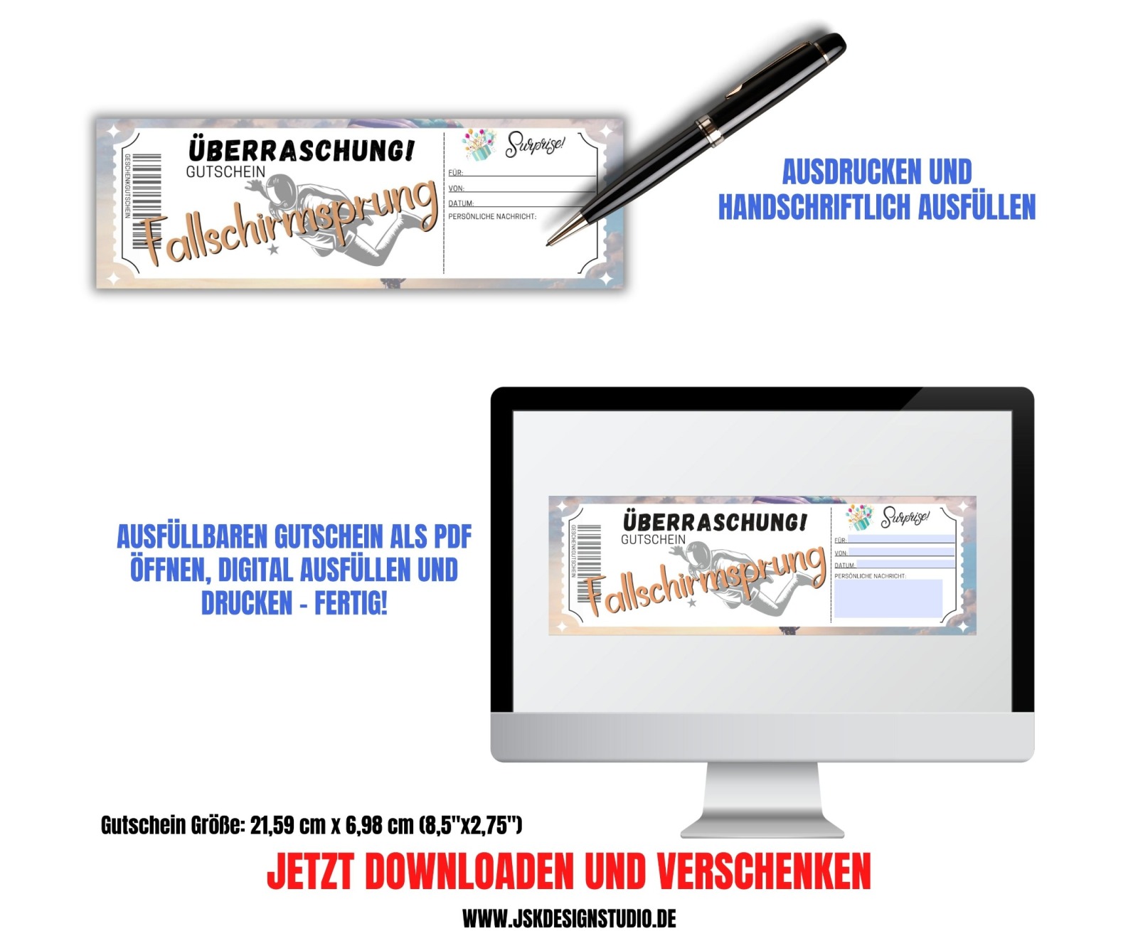 Gutschein für einen Fallschirmsprung Vorlage zum Ausdrucken &amp; Verschenken 2