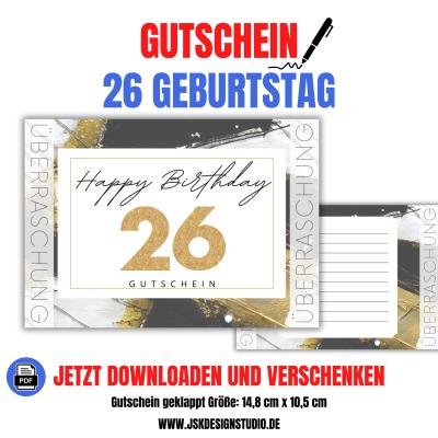 Gutschein zum 26. Geburtstag Vorlage zum Ausdrucken &amp; Verschenken