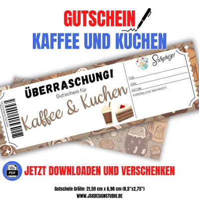 Gutschein für Kaffee und Kuchen Vorlage zum Ausdrucken &amp; Verschenken