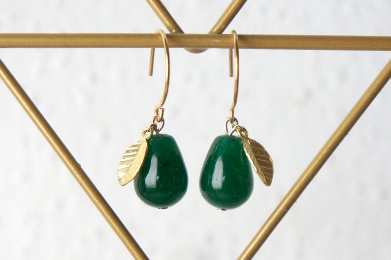 Ohrhänger vergoldet mit Tropfen aus grüner Jade mit Blatt 2