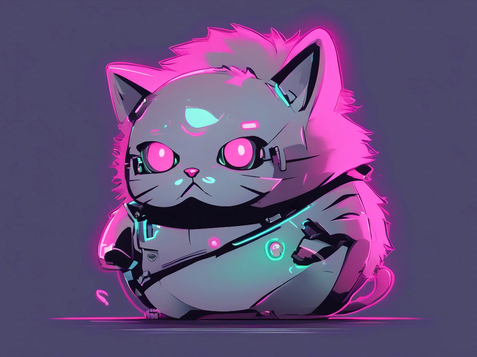 Dicke Chibi Cyberpunk Katze im Neon-Future Style Mini Foto-Poster - 27x20 cm