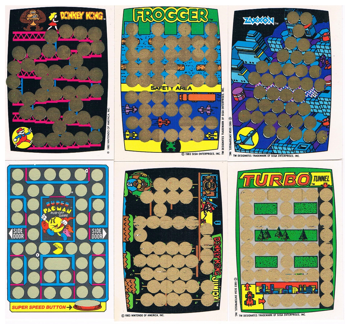 DONKEY KONG Pac Man Frogger Zaxxon Turbo 6x Rubbelkarten