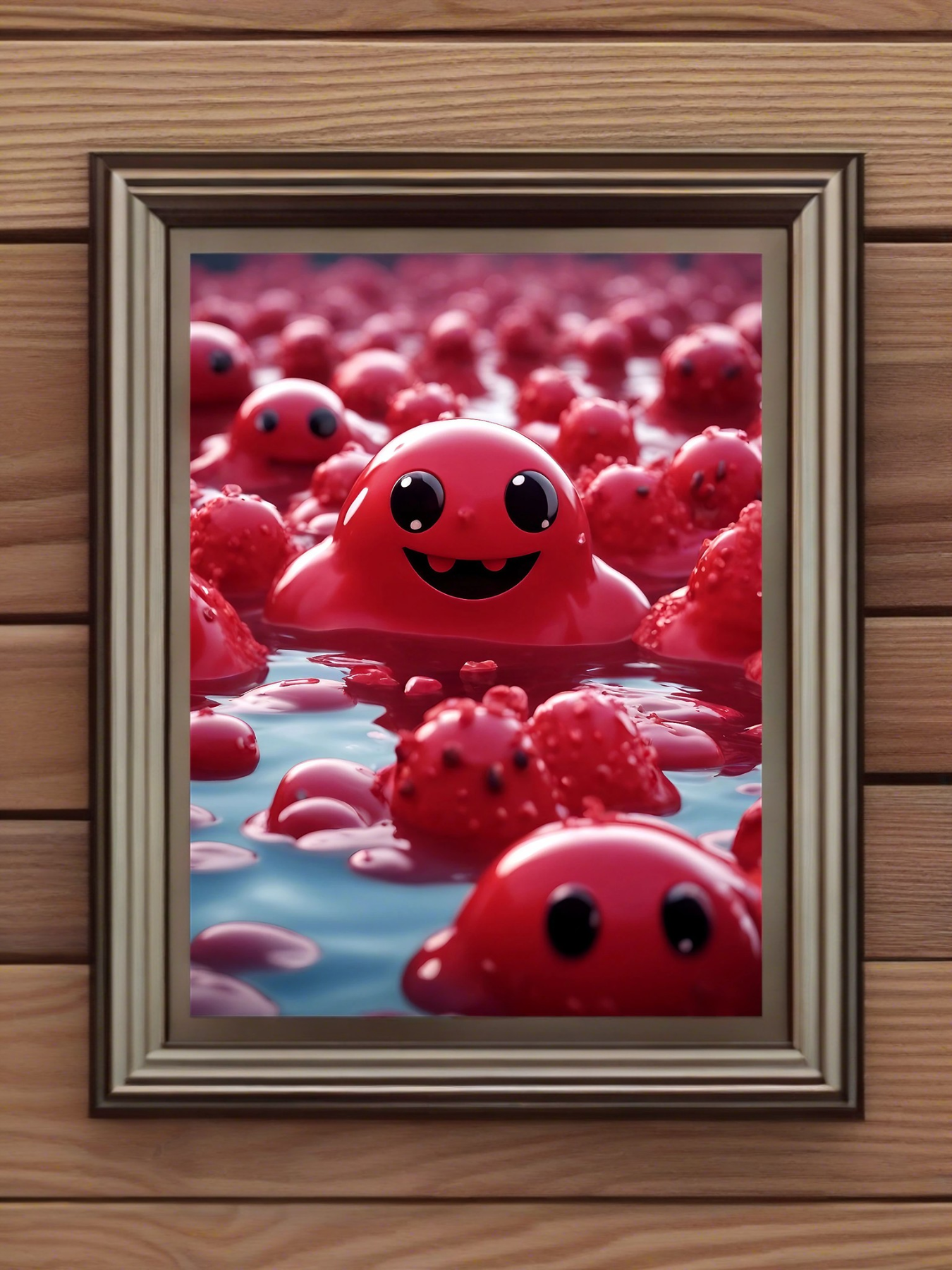 Invasion of the cute red slime monsters in the lake - fantasy mini photo poster - 27x20 cm 2