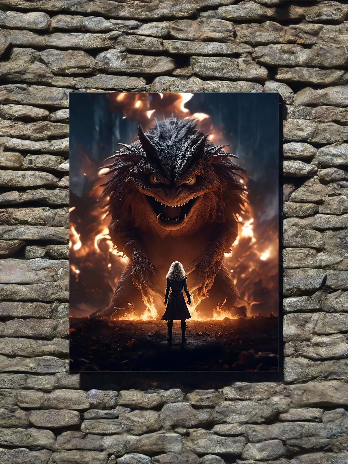 Fight against a huge fire monster dark fantasy mini photo poster - 27x20 cm 2