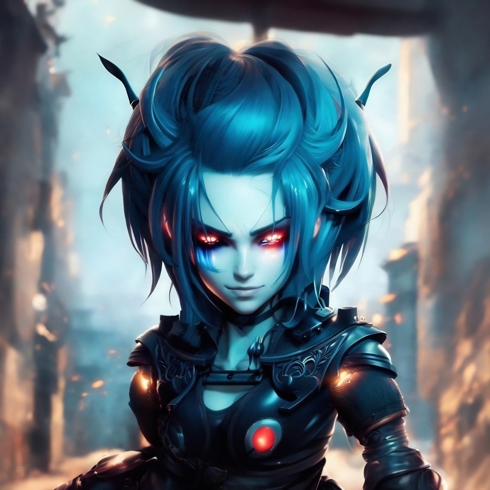 Mini Poster - Blauhaariges Cyberpunk-Girl - 20x20 cm