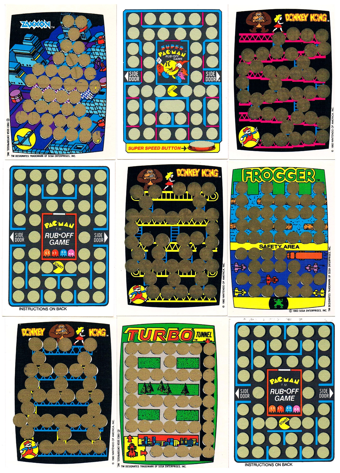9x Game Rubbelkarten - Donkey Kong , Pac Man, Frogger, Zaxxon, Turbo