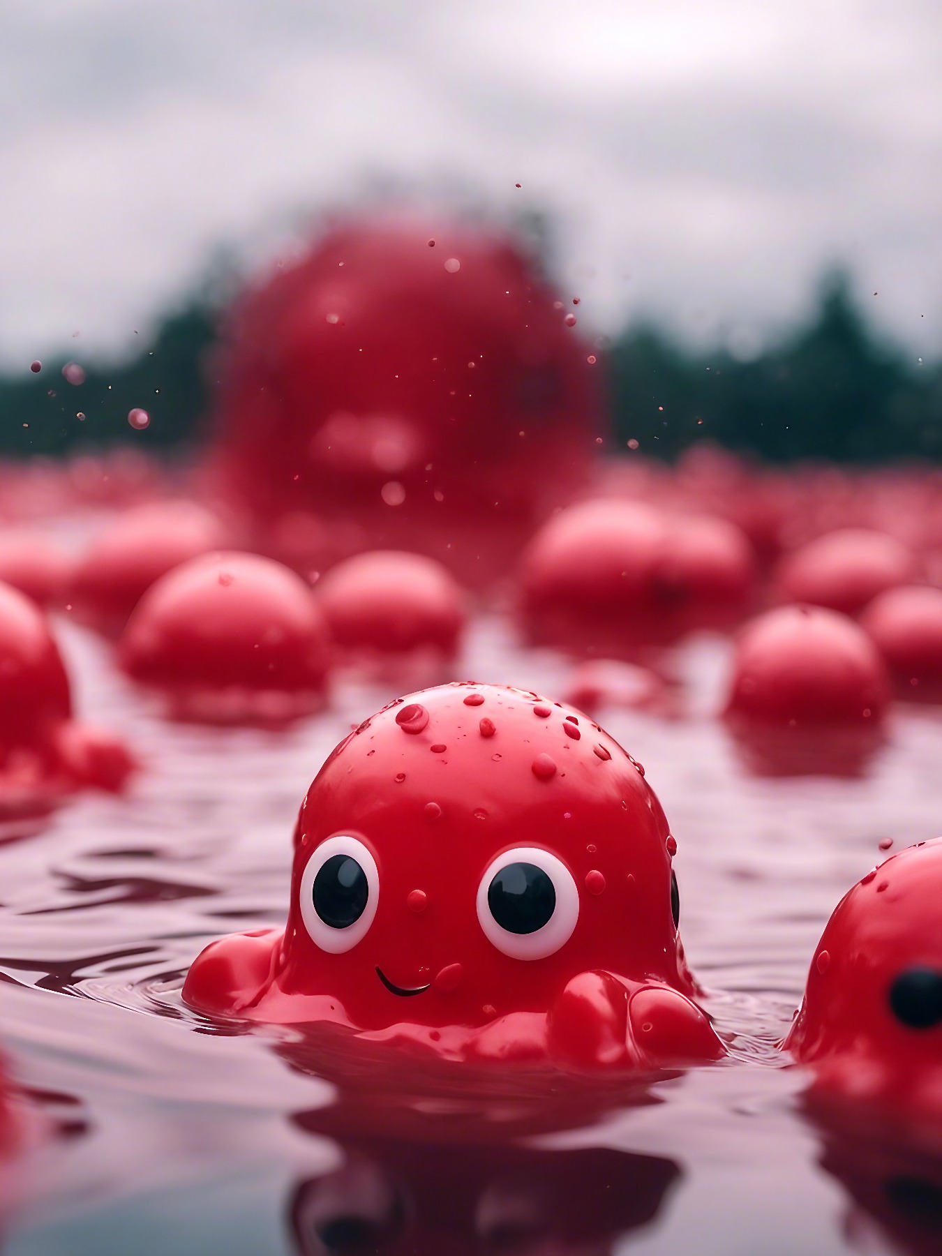 Cute red slime monsters in the lake - fantasy mini photo poster - 27x20 cm