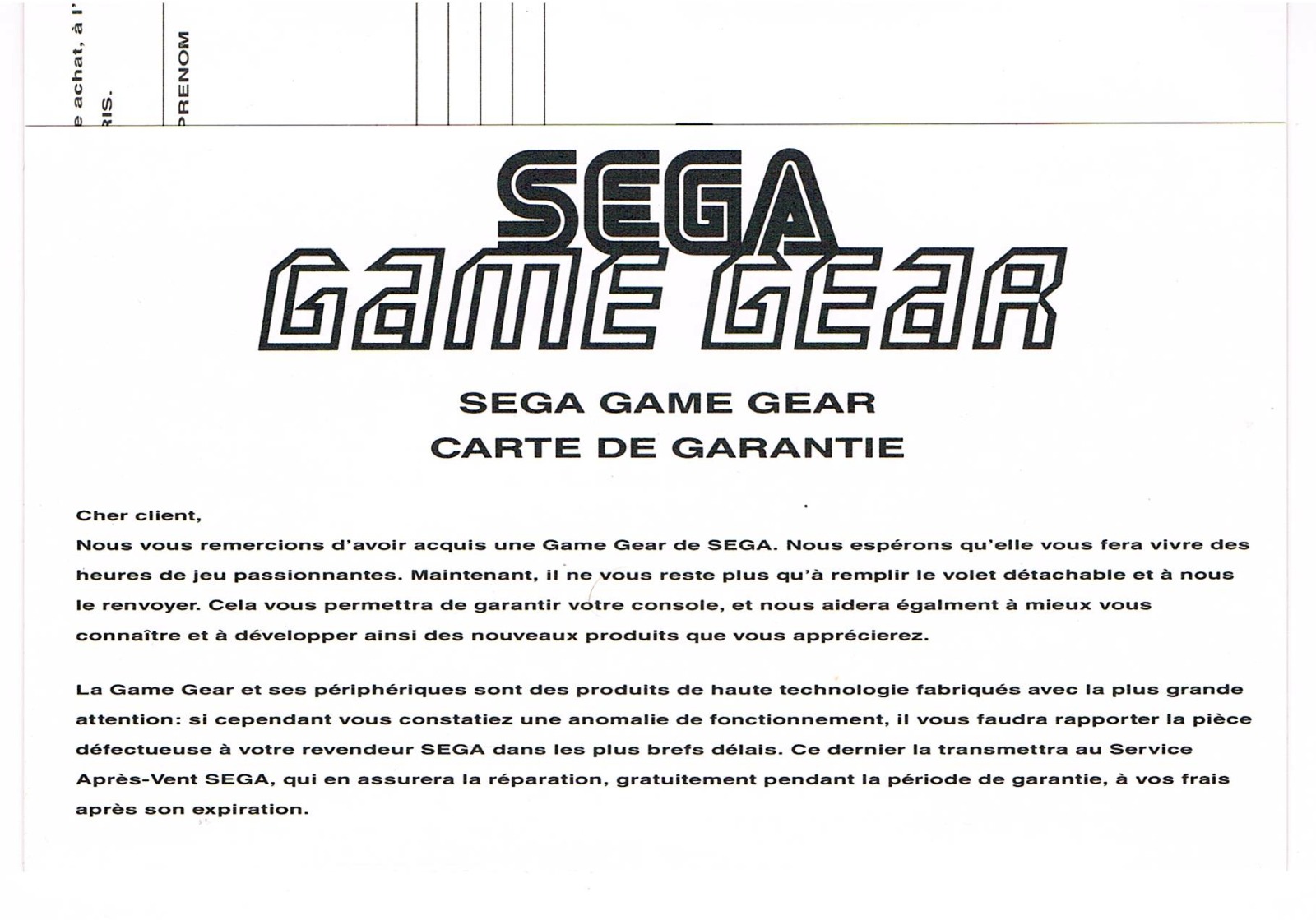 Sega Game Gear French Warranty Flyer
