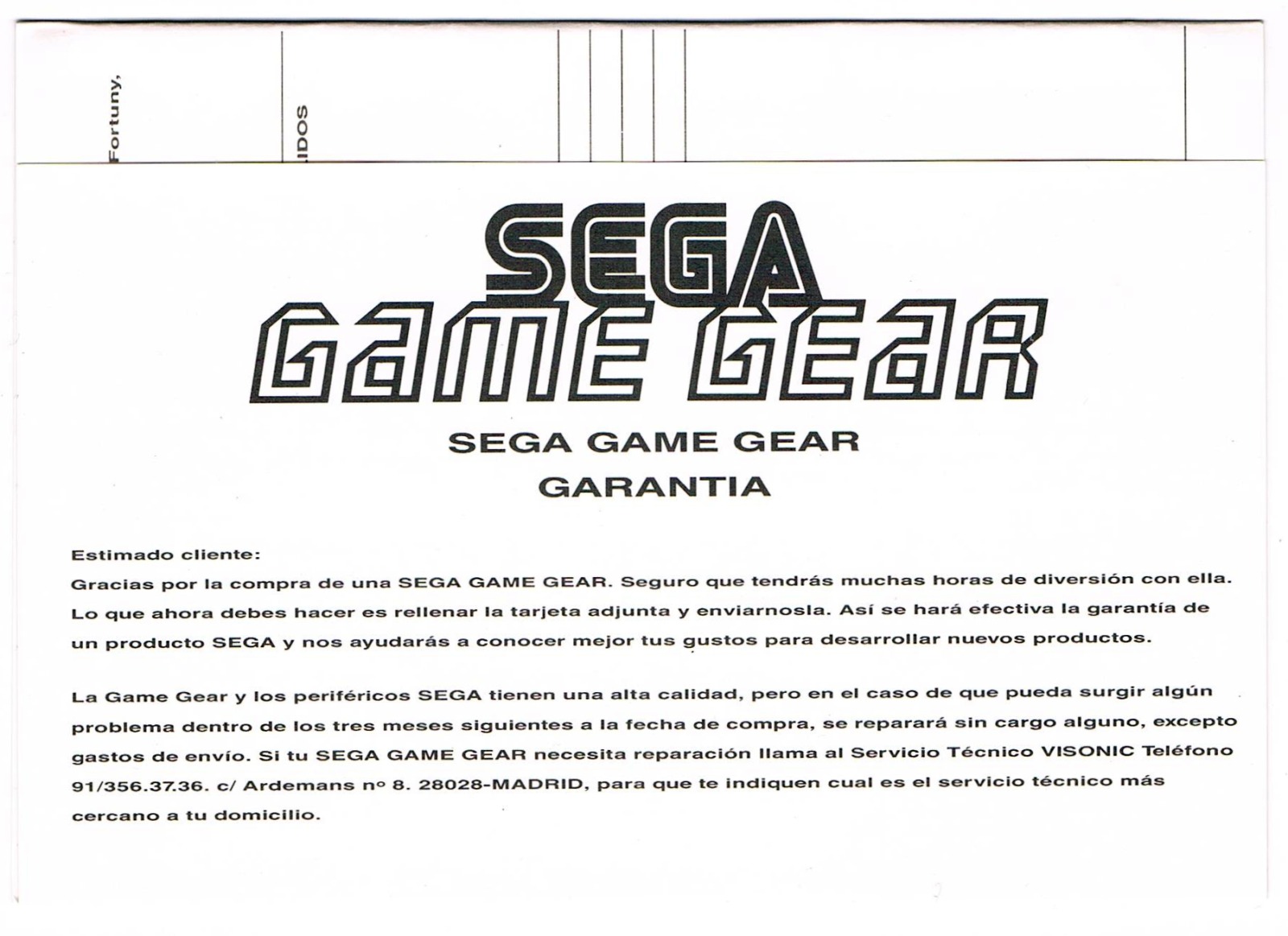 Sega Game Gear Spanish Warranty Flyer