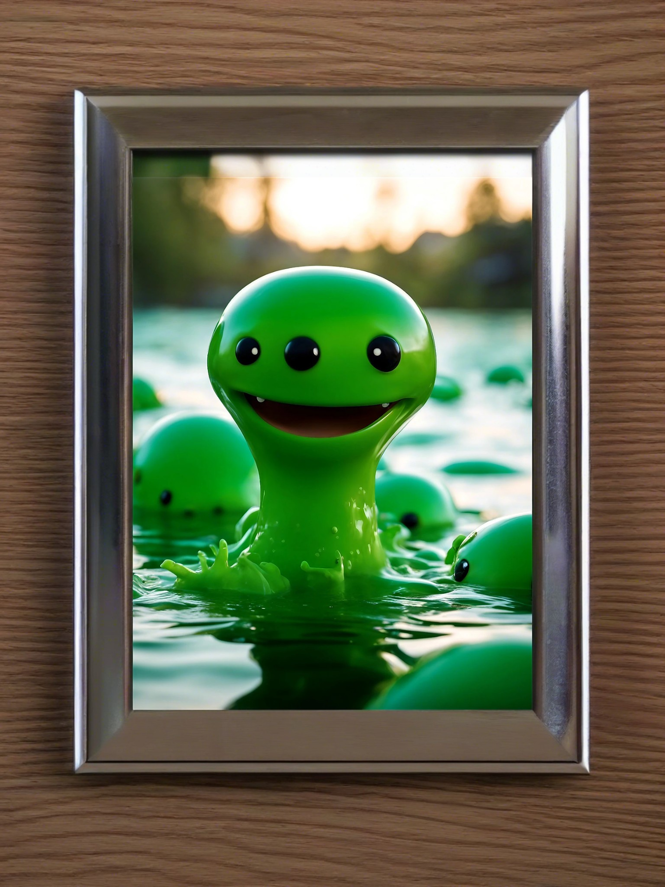 Cute green slime monsters in the lake - fantasy mini photo poster - 27x20 cm 5