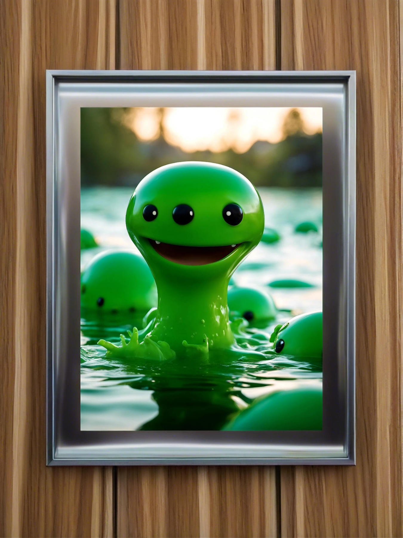 Cute green slime monsters in the lake - fantasy mini photo poster - 27x20 cm 3