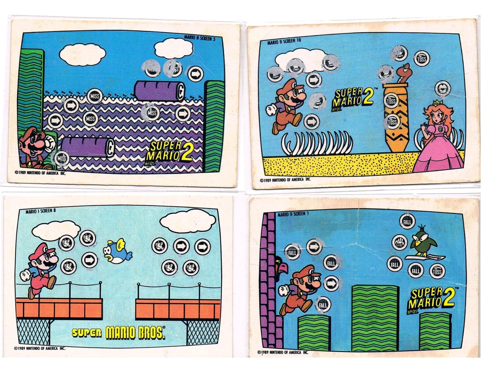 4x Super Mario Bros. scratch cards - bad condition Topps / Nintendo 1989