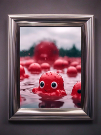 Cute red slime monsters in the lake - fantasy mini photo poster - 27x20 cm 4