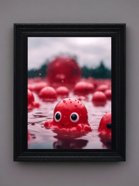 Cute red slime monsters in the lake - fantasy mini photo poster - 27x20 cm 3