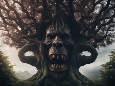 Monster tree with eyes and teeth horror image mini photo poster - 27x20 cm