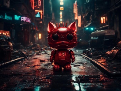 Cute red Chrome Robot Cat Cyberpunk mini photo poster - 27x20 cm