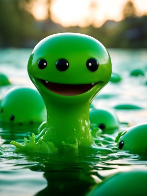 Cute green slime monsters in the lake - fantasy mini photo poster - 27x20 cm