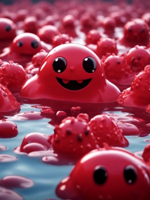 Invasion of the cute red slime monsters in the lake - fantasy mini photo poster - 27x20 cm