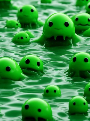 More cute green slime monsters in the lake - fantasy mini photo poster - 27x20 cm