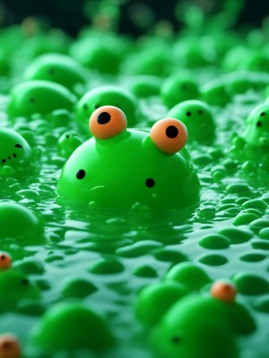 Lots of cute green slime monsters in the lake - fantasy mini photo poster - 27x20 cm