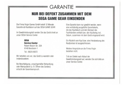 Sega Game Gear German Warranty Postcard - Sega Game Gear