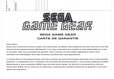 Sega Game Gear französischer Garantie-Flyer - Sega Game Gear