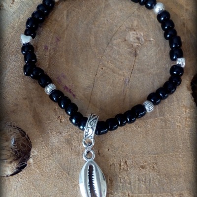 Muschel-Roncailles-Armband in schwarz-silber - Schöne aussagekräftige Perlen-Armbänder, Handmade