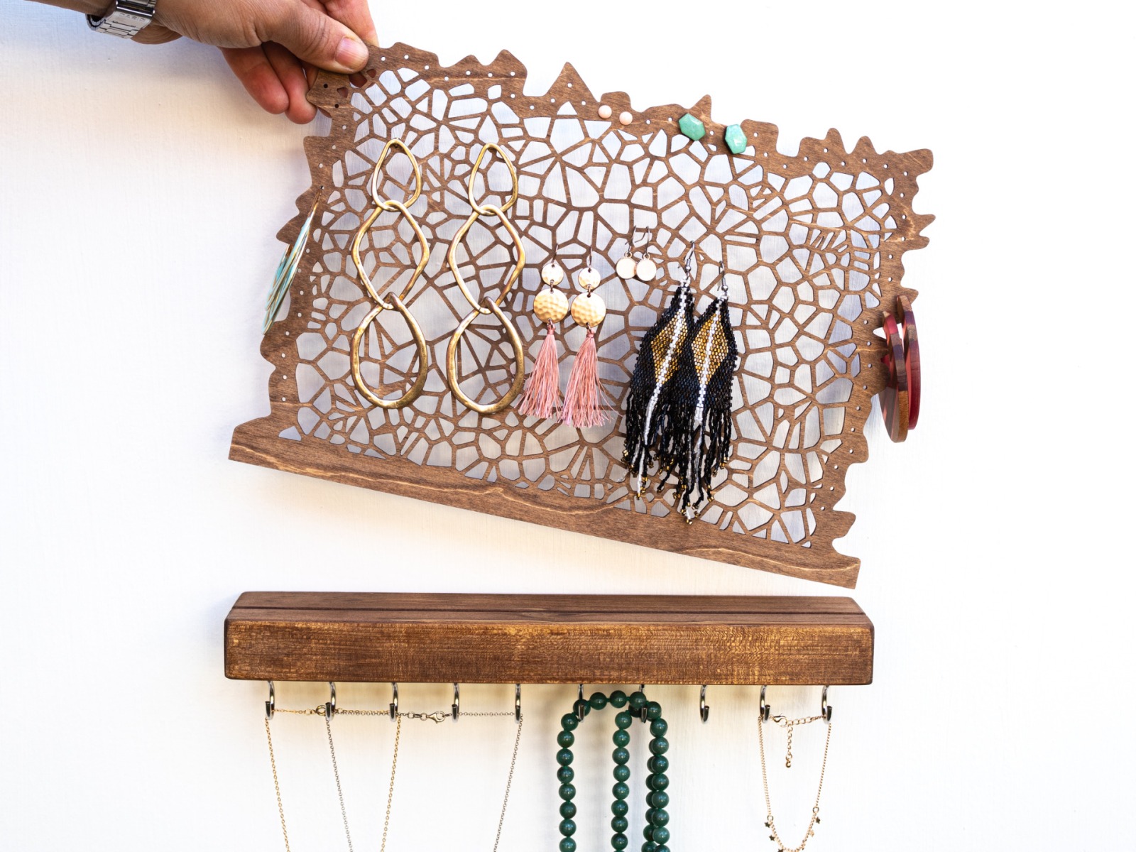 Wall Mounted Jewelry Display for Necklaces Bracelets Earrings and Studs HOOKS ORGANIC II 2