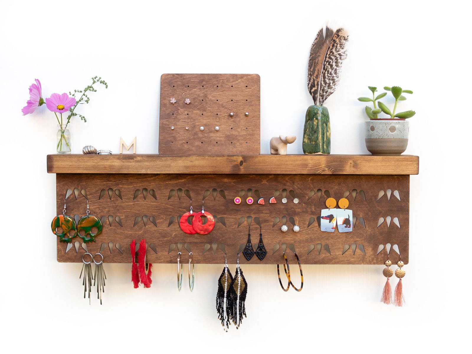Handmade Jewelry Organizer for Studs and Dangle Earrings - WALL GRID WINGS WALNUT