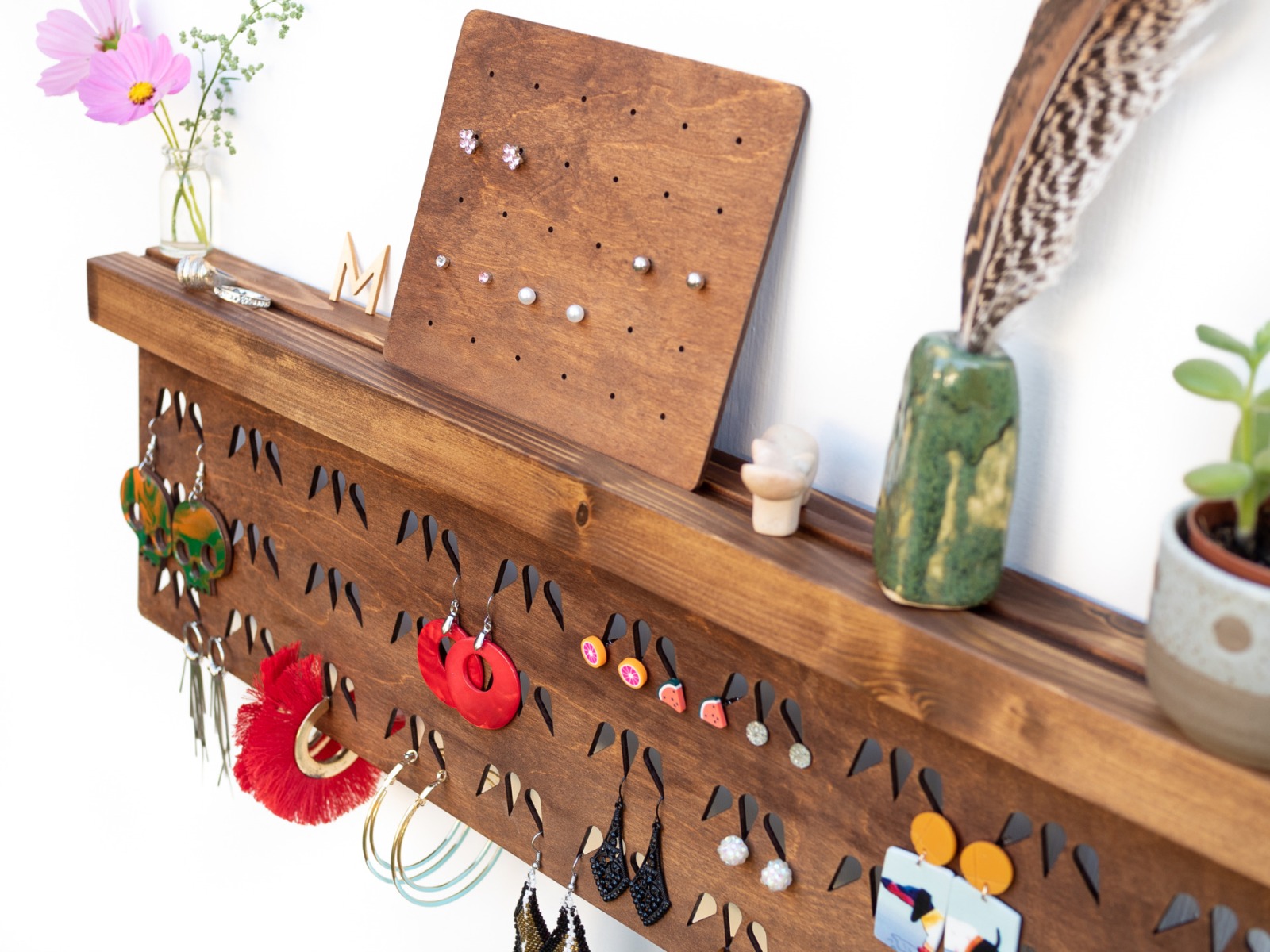 Handmade Jewelry Organizer for Studs and Dangle Earrings - WALL GRID WINGS WALNUT 7
