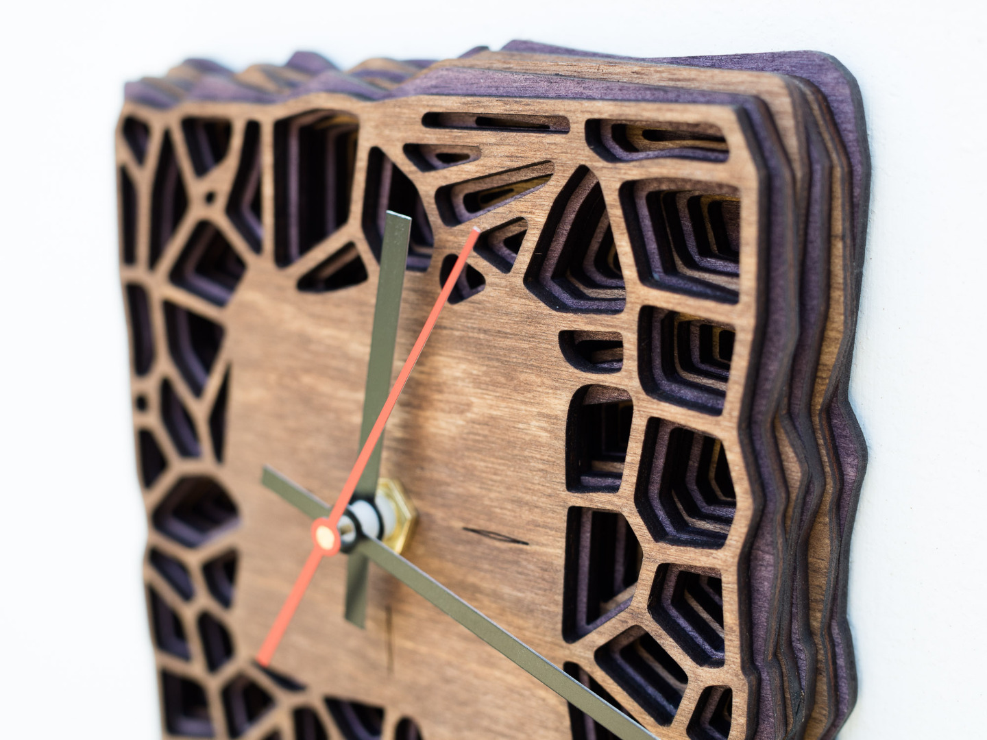 Modern Wall Clock for Desk Clock - Layered Wood Organic Two Tone Design Walnut Brown and Purple 2
