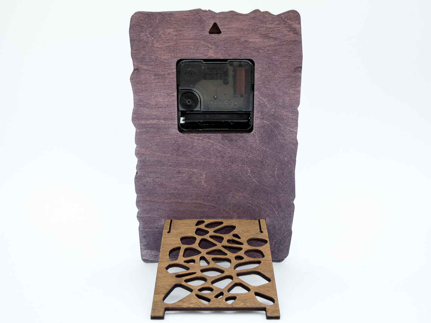 Wanduhr oder Tischuhr aus Holz mit lautlosem Uhrwerk - Organisches Zweifarbiges Design in Walnuss und Violett 4