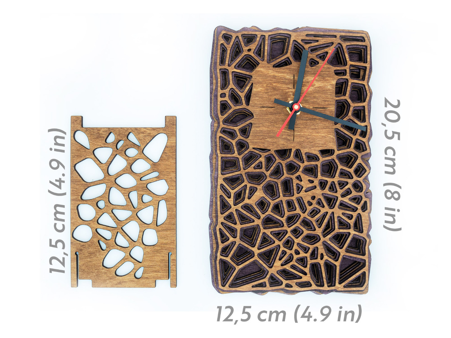 Wanduhr oder Tischuhr aus Holz mit lautlosem Uhrwerk - Organisches Zweifarbiges Design in Walnuss und Violett 9