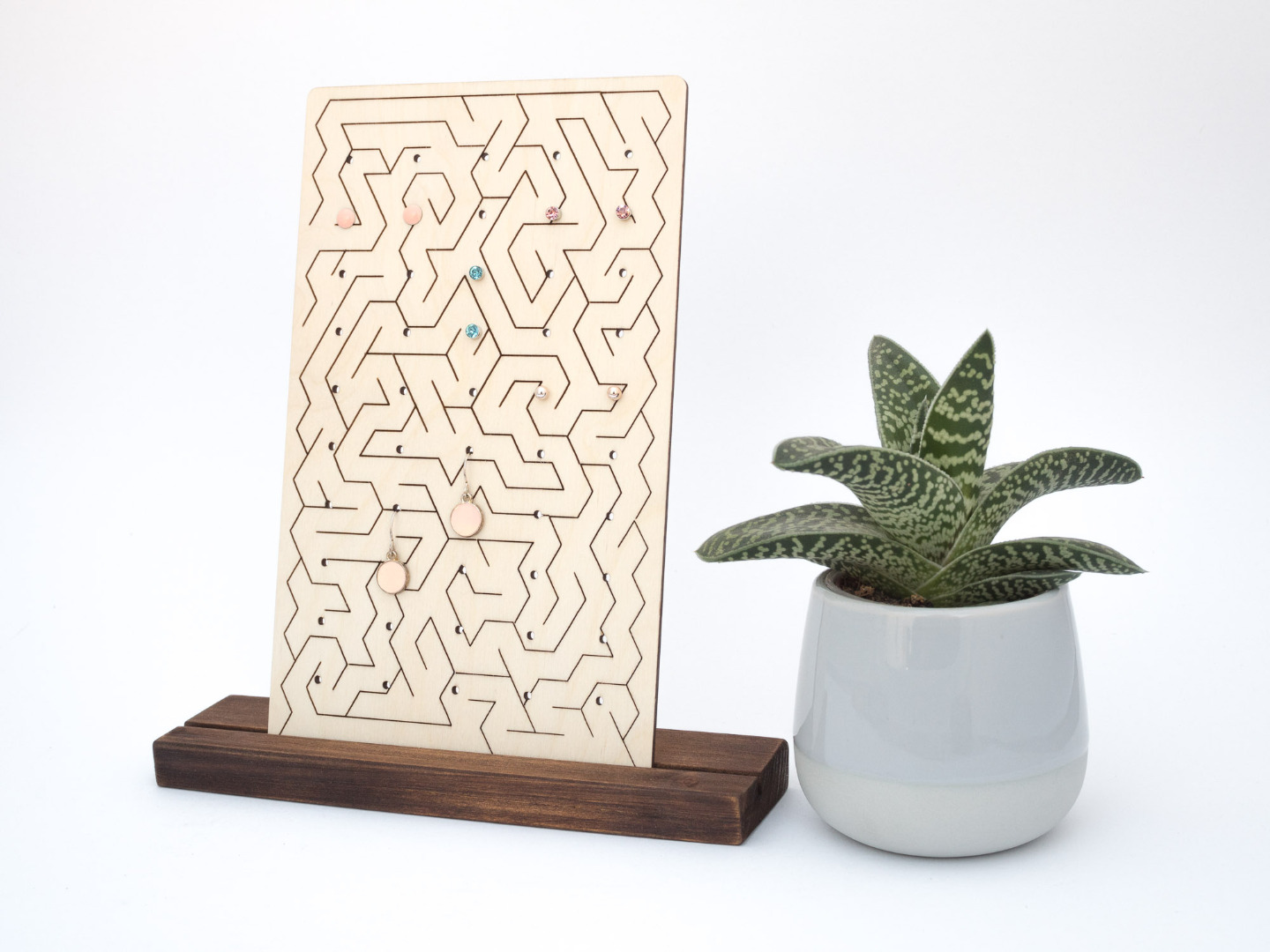 Design Stud Earring Display Handmade from Wood with Laser Engraving MAZE III 2