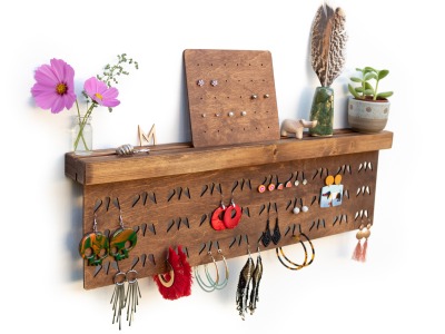 Handmade Jewelry Organizer for Studs and Dangle Earrings - WALL GRID WINGS WALNUT - arborala Originals
