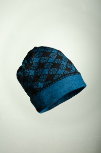 Merino scarf and hat floral check in petrol and black 2