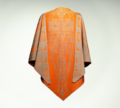 Stole, triangular shawl Pueblo in taupe and orange - 100 Merino extrasoft
