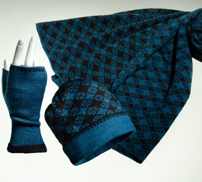 Merino scarf, hat and wrist warmers with floral checks in petrol and black - 100 Merino extrasoft