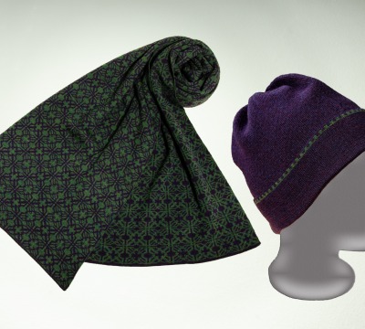 Merino scarf and hat Ireland in dark purple and dark green - 100 % Merino extrasoft