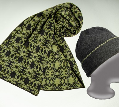 Merino Schal und Mütze Kranz in dunkelgrau und hellgrün - Feinstrick aus 100 % Merino extrasoft