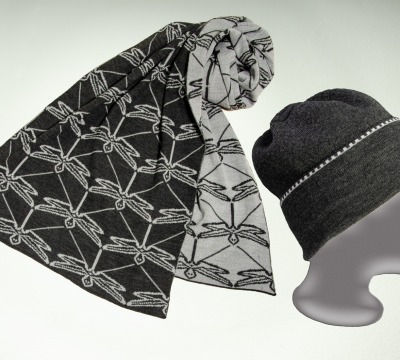 Merino scarf dragonfly and hat in dark gray and silver - 100 % Merino extrasoft