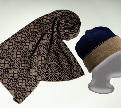 Merino Schal und Mütze Netz in taupe und dunkelblau - Feinstrick aus 100 Merino extrasoft