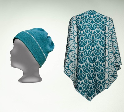 Merino sun stole and hat in silver and turquoise - 100 Merino extrasoft