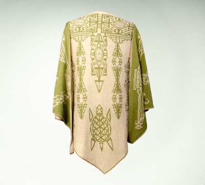 Stole, triangular Aztek shawl in green and beige - 100% Merino extrasoft