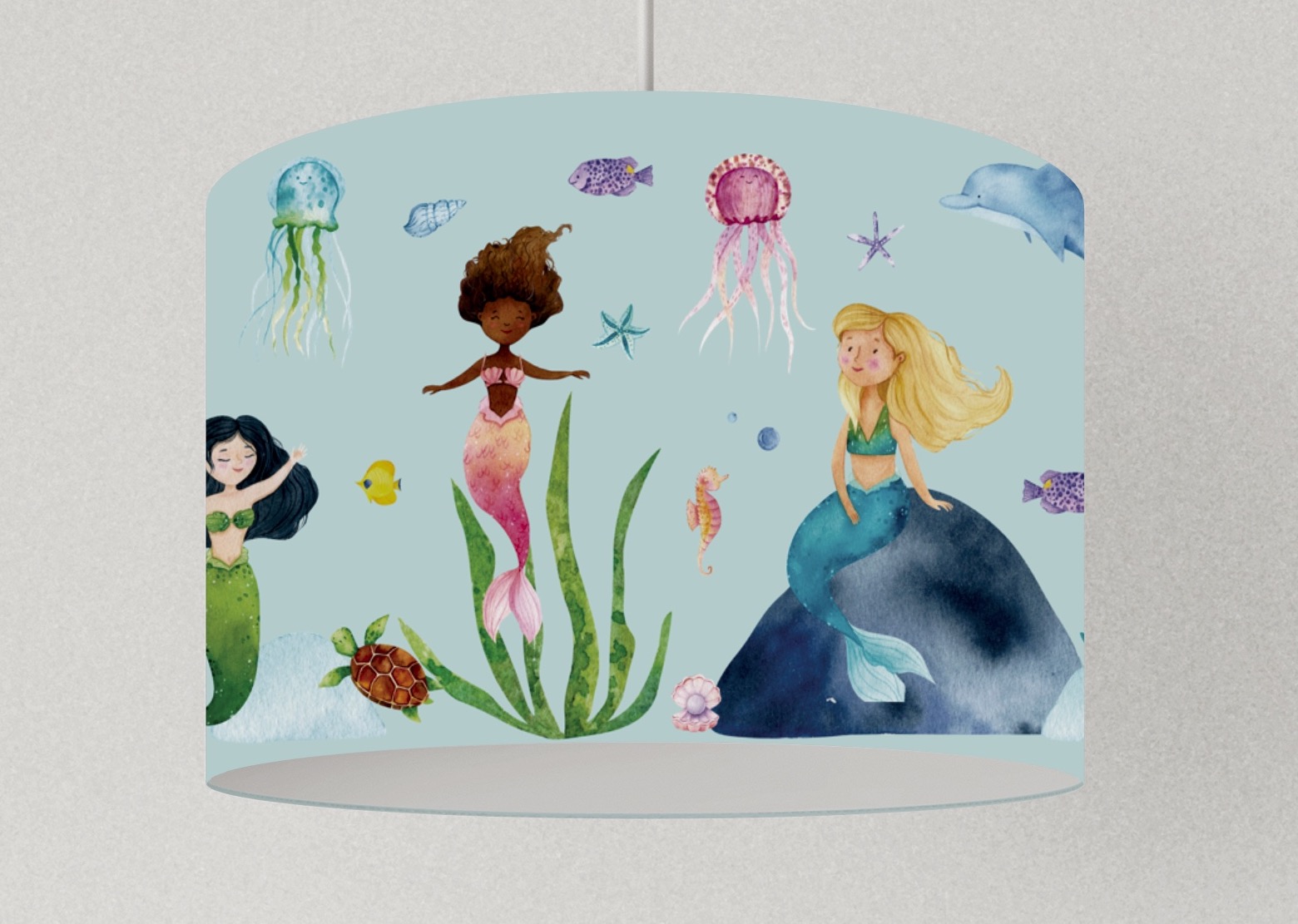 Lampenschirm Meerjungfrauen, viele Farben, Lampenschirm Kinderzimmer Delfin, Fische und Quallen