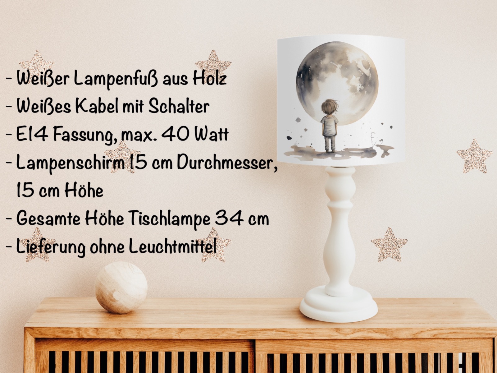 Tischlampe Kinderzimmer mit Namen, Kinderlampe Mond, Geschenk zur Geburt oder Einschulung, Lampe