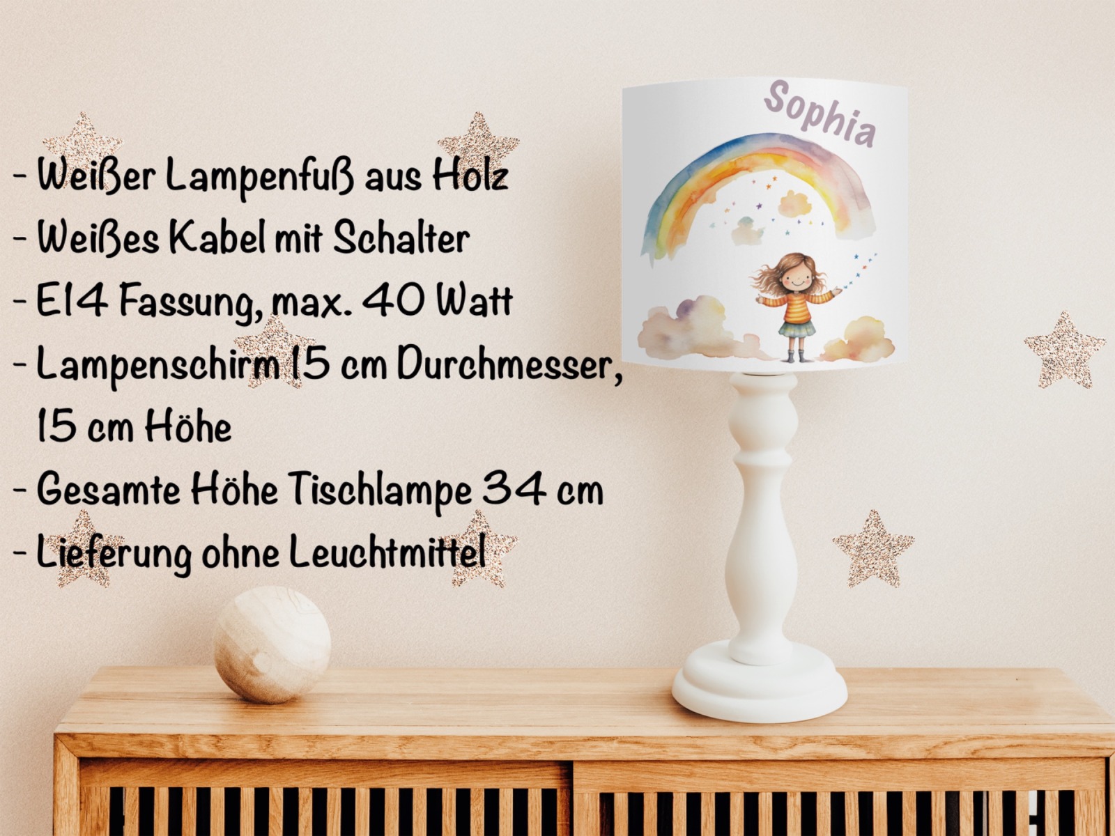 Tischlampe Kinderzimmer mit Namen, Kinderlampe Regenbogen, Geschenk zur Geburt oder Einschulung,