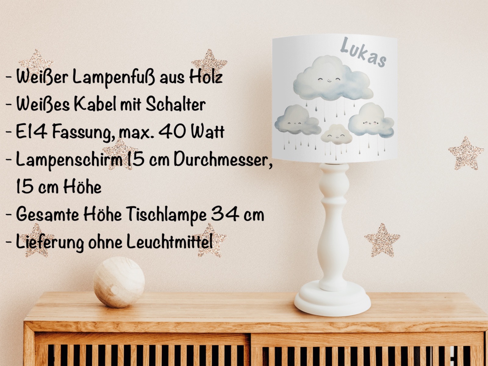Tischlampe Kinderzimmer mit Namen, Kinderlampe Wolke, Geschenk zur Geburt oder Einschulung, Lampe