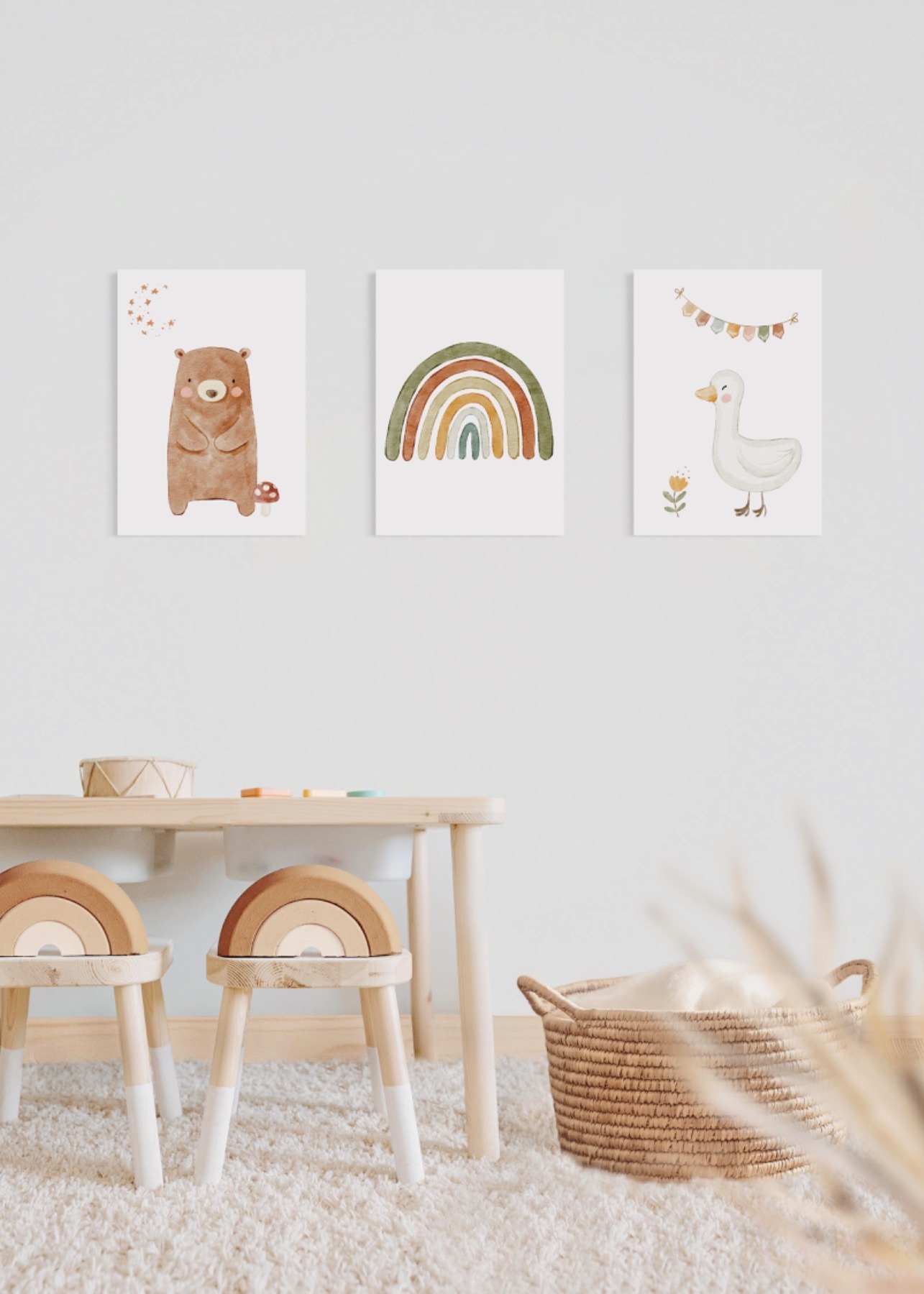 Boho Poster Kinderzimmer, Gans Poster, Kinder Poster Bär und Regenbogen 3